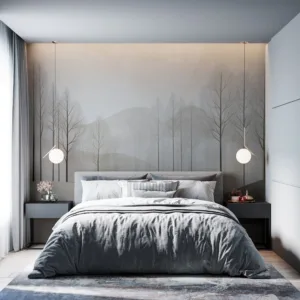 Tranquil landscape with bare trees and gentle hills in soft earthy tones.||