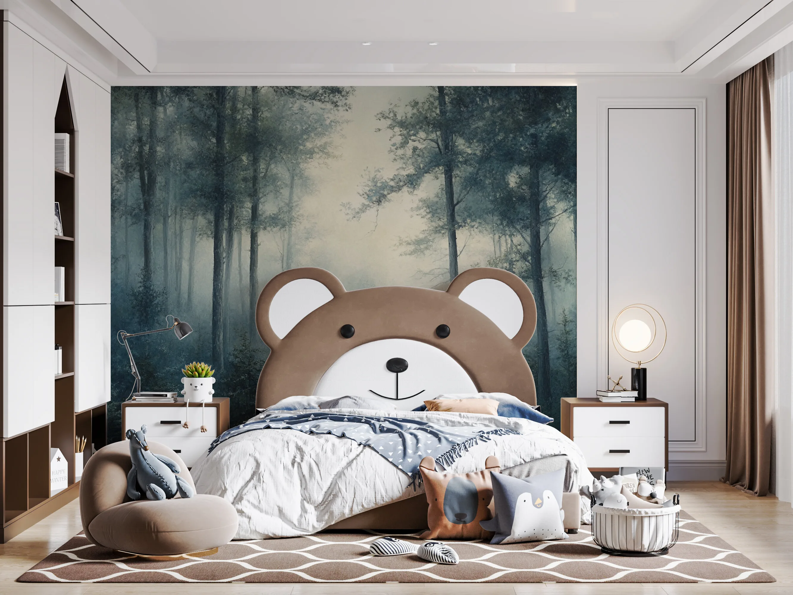 Rendered wallpaper image for Serene Misty Forest Landscape Wall Mural