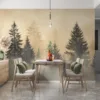 Misty forest scene with evergreen trees and tranquil atmosphere.||