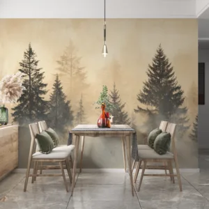 Misty forest scene with evergreen trees and tranquil atmosphere.||