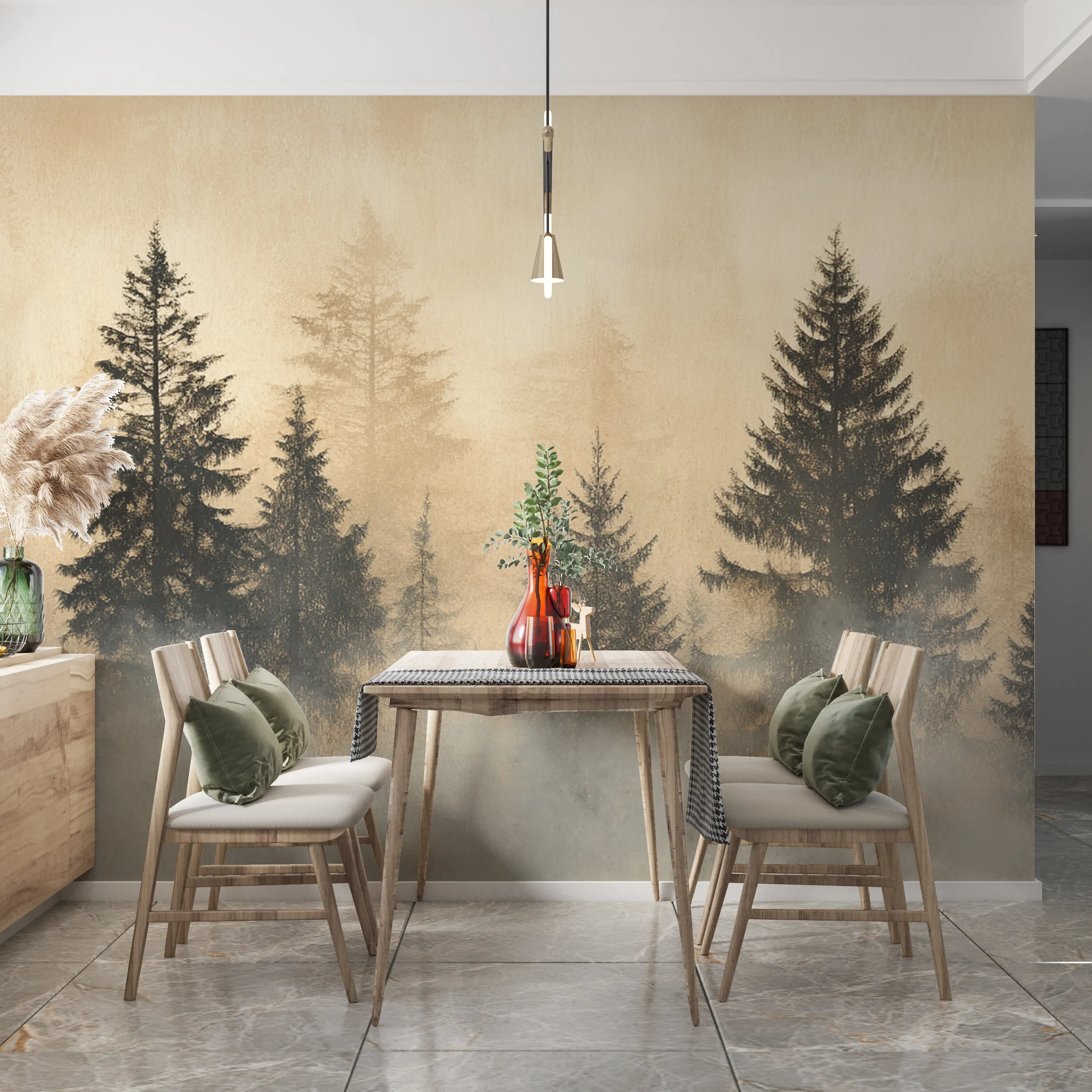 Rendered wallpaper image for Serene Misty Forest Wall Mural