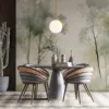 Misty forest landscape in watercolor style with tall trees and soft hues.||