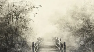 Alternative view of Serene Misty Landscape with Wooden Bridge Wall Mural