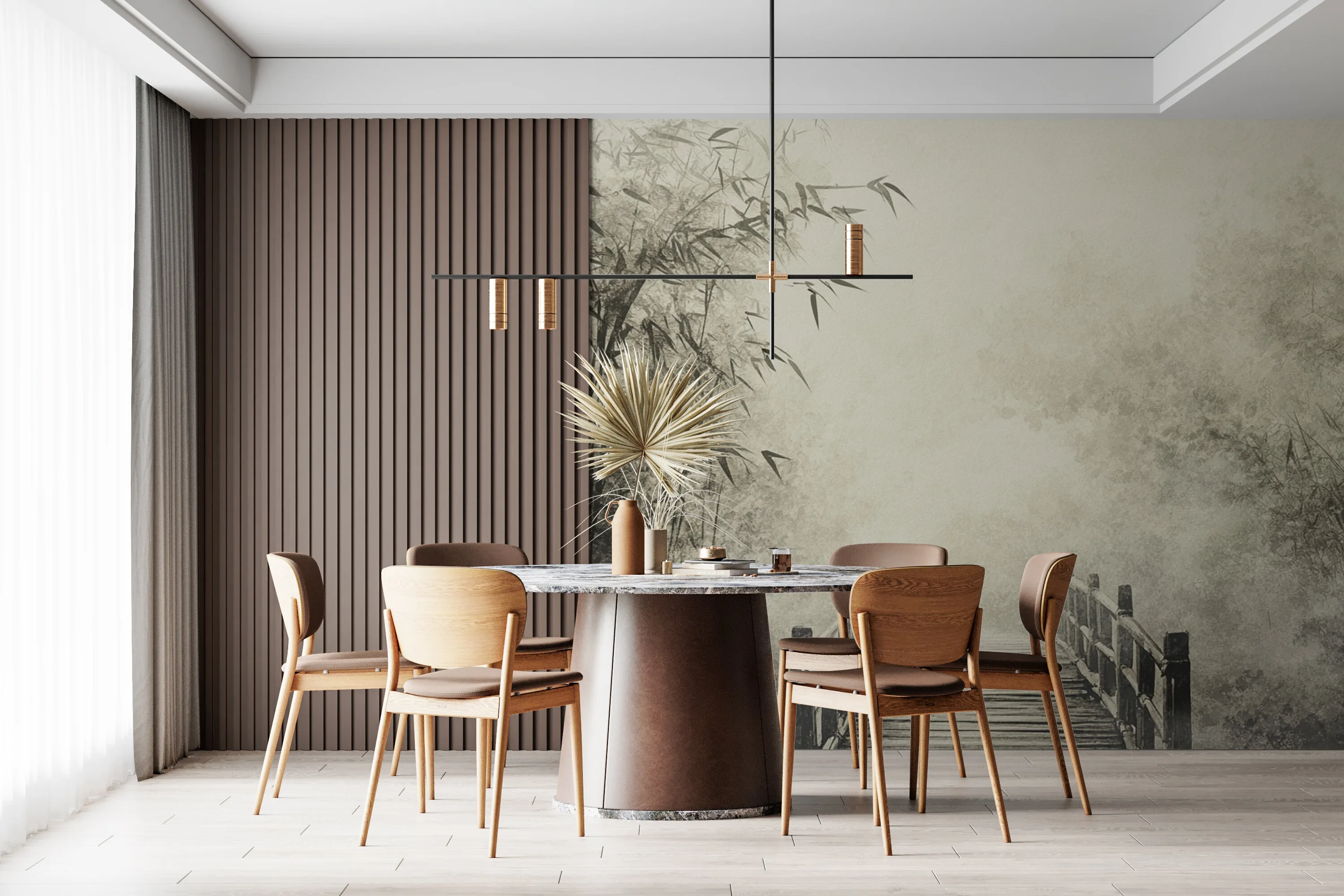 Rendered wallpaper image for Serene Misty Landscape with Wooden Bridge Wall Mural
