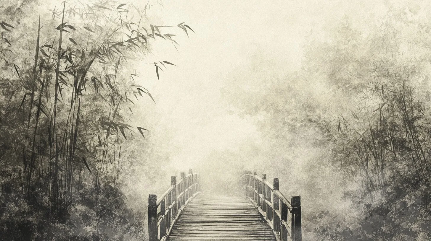 Main product image for Serene Misty Landscape with Wooden Bridge Wall Mural