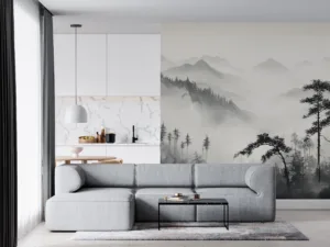 Misty mountainous landscape with towering trees and rolling hills in monochrome.||