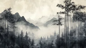 Alternative view of Serene Mountain and Bamboo Landscape Wall Mural