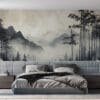 Misty mountains with bamboo in a serene landscape