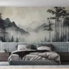 Misty mountains with bamboo in a serene landscape||