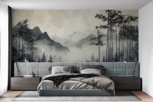 Misty mountains with bamboo in a serene landscape||