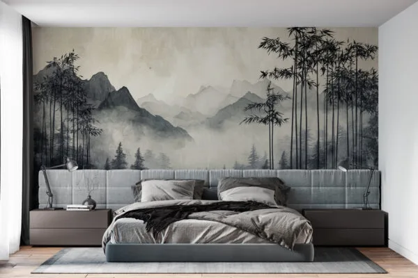 Misty mountains with bamboo in a serene landscape