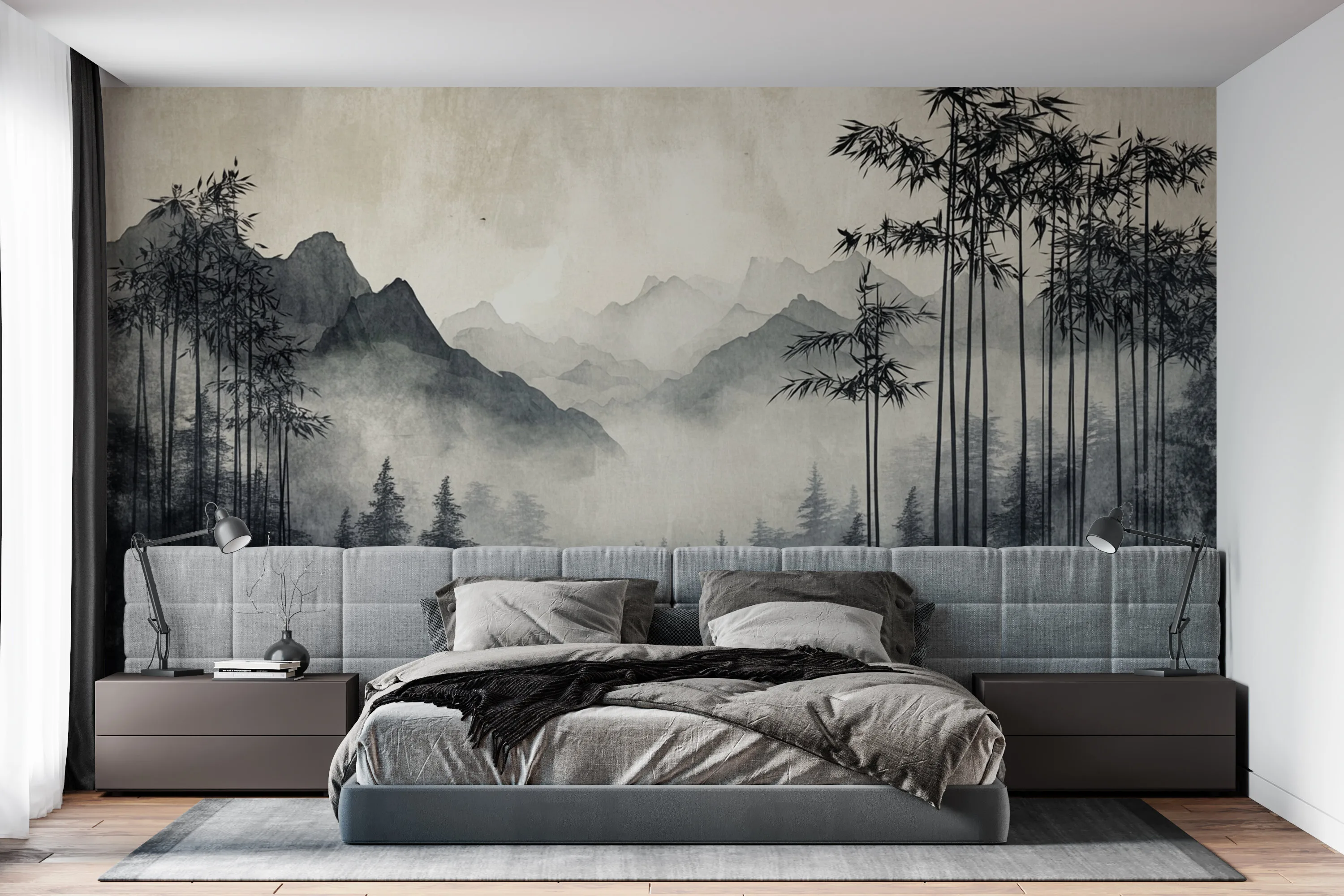 Rendered wallpaper image for Serene Mountain and Bamboo Landscape Wall Mural