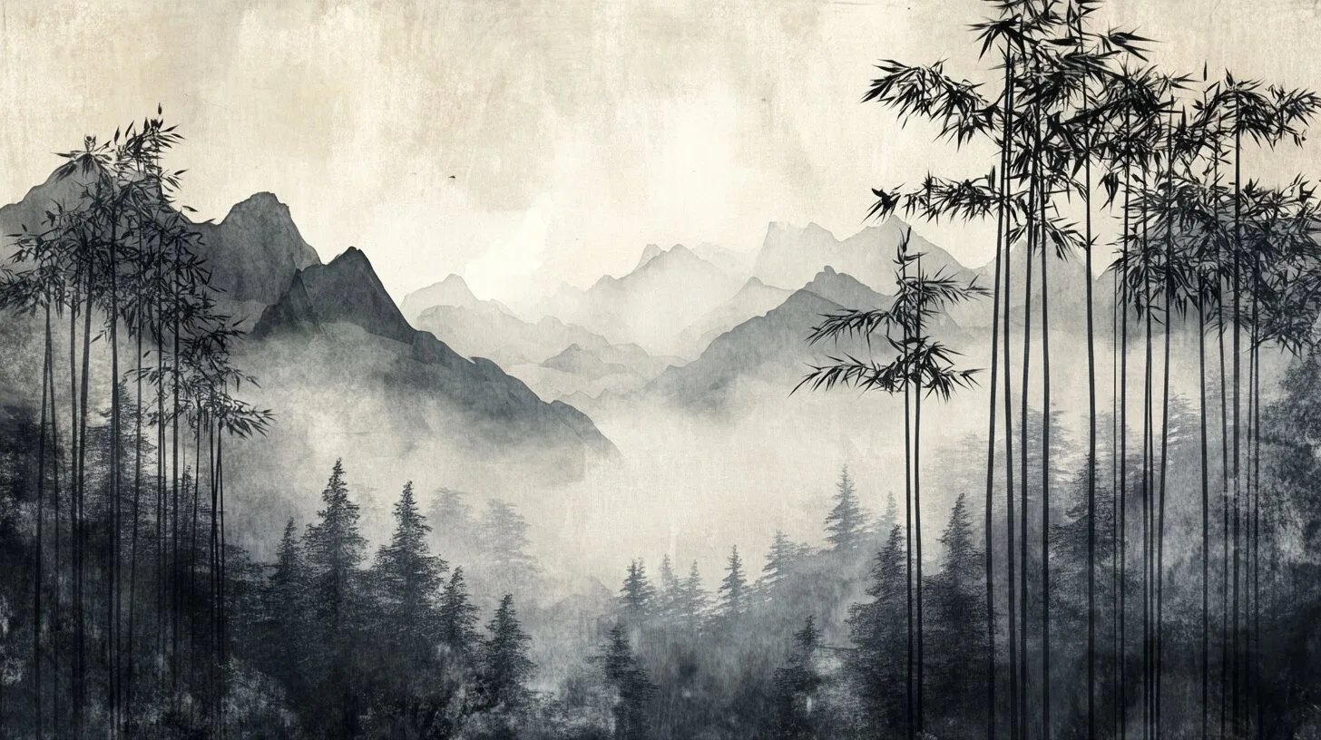 Main product image for Serene Mountain and Bamboo Landscape Wall Mural