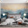 Serene landscape of mountains with calming blue tones.||