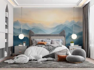 Serene landscape of mountains with calming blue tones.||