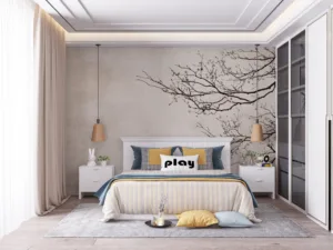 Serene abstract nature artwork featuring delicate branches and a soft beige background.||