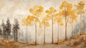 Alternative view of Serene Nature Scene with Stylized Trees Wall Mural