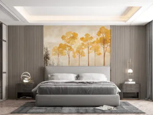 Stylized trees in a serene landscape with bright yellow leaves and dark trunks.