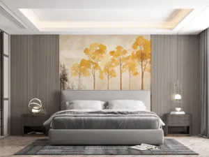 Stylized trees in a serene landscape with bright yellow leaves and dark trunks.||