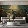 Seven owls perched on a branch in a nighttime forest illuminated by a glowing moon||