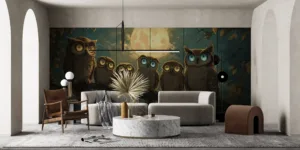 Seven owls perched on a branch in a nighttime forest illuminated by a glowing moon||