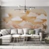 Stylized paper-cut landscape featuring rolling hills and quaint houses in soft pastel colors.