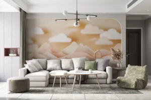 Stylized paper-cut landscape featuring rolling hills and quaint houses in soft pastel colors.||