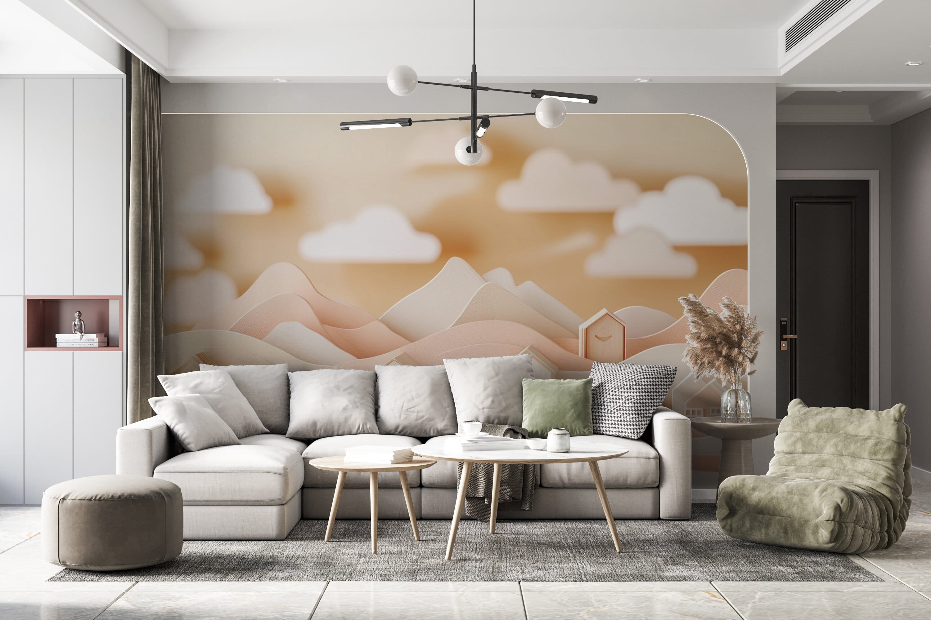 Rendered wallpaper image for Serene Paper-Cut Landscape Wall Mural