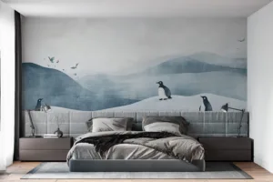 Serene landscape with penguins in a snowy environment||
