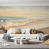 Serene beach scene during sunset with gentle waves and calming colors.
