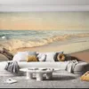 Serene beach scene during sunset with gentle waves and calming colors.||