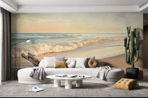 Serene beach scene during sunset with gentle waves and calming colors.