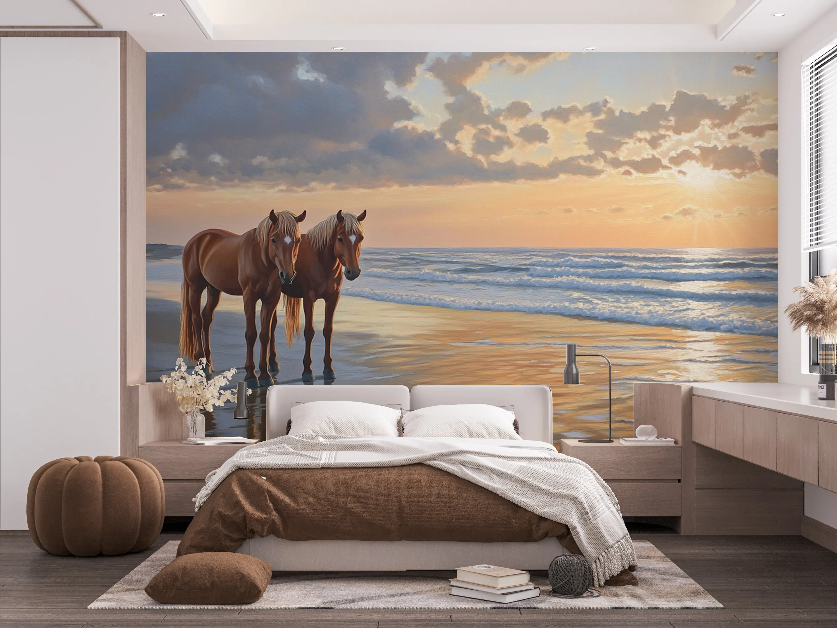 Rendered wallpaper image for Serene Sunset Horses Wall Mural