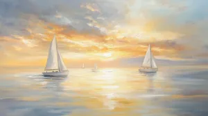 Alternative view of Serene Sunset Seascape with Sailboats Wall Mural