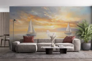 Serene seascape with sailboats at sunset||
