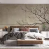 Artistic representation of a bare tree branch on a light beige background||