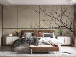 Artistic representation of a bare tree branch on a light beige background
