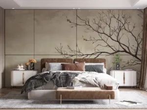 Artistic representation of a bare tree branch on a light beige background||