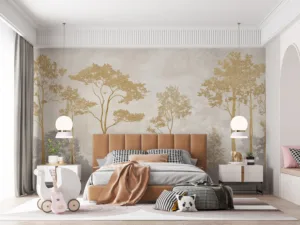 Artistic depiction of serene trees in a natural landscape.||