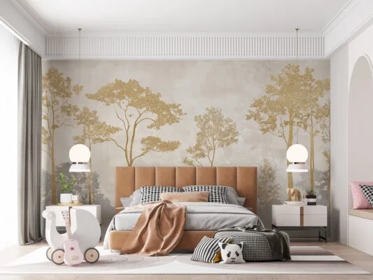 Artistic depiction of serene trees in a natural landscape.