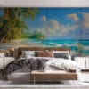 Serene tropical beach scene with palm trees and a vibrant ocean