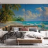 Serene tropical beach scene with palm trees and a vibrant ocean||