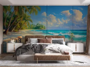 Serene tropical beach scene with palm trees and a vibrant ocean||