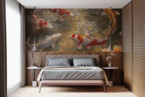 Koi fish swimming in a tranquil pond creating ripples underwater.||
