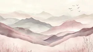 Alternative view of Serene Watercolor Mountain Landscape Wall Mural