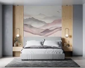 Tranquil watercolor mountain landscape in soft hues||