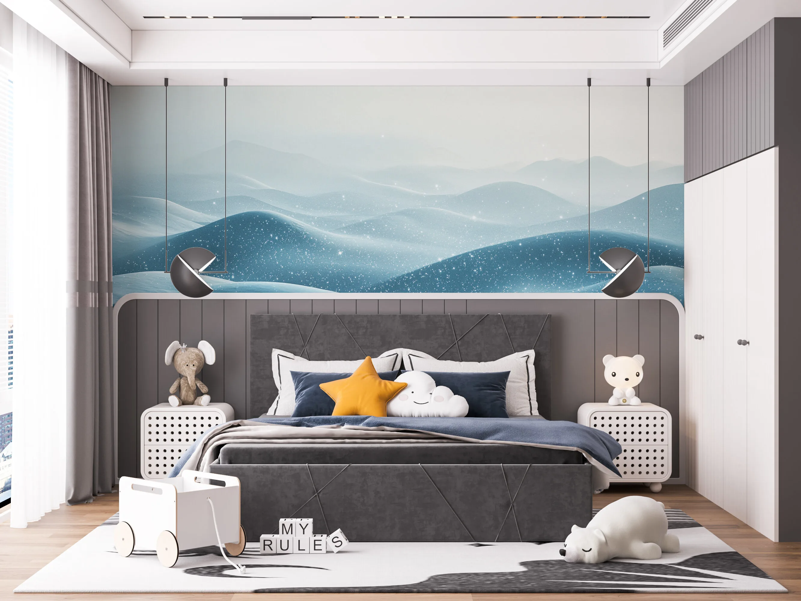 Rendered wallpaper image for Serene Winter Landscape Wall Mural