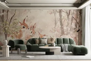 Three rabbits in a snowy forest setting||