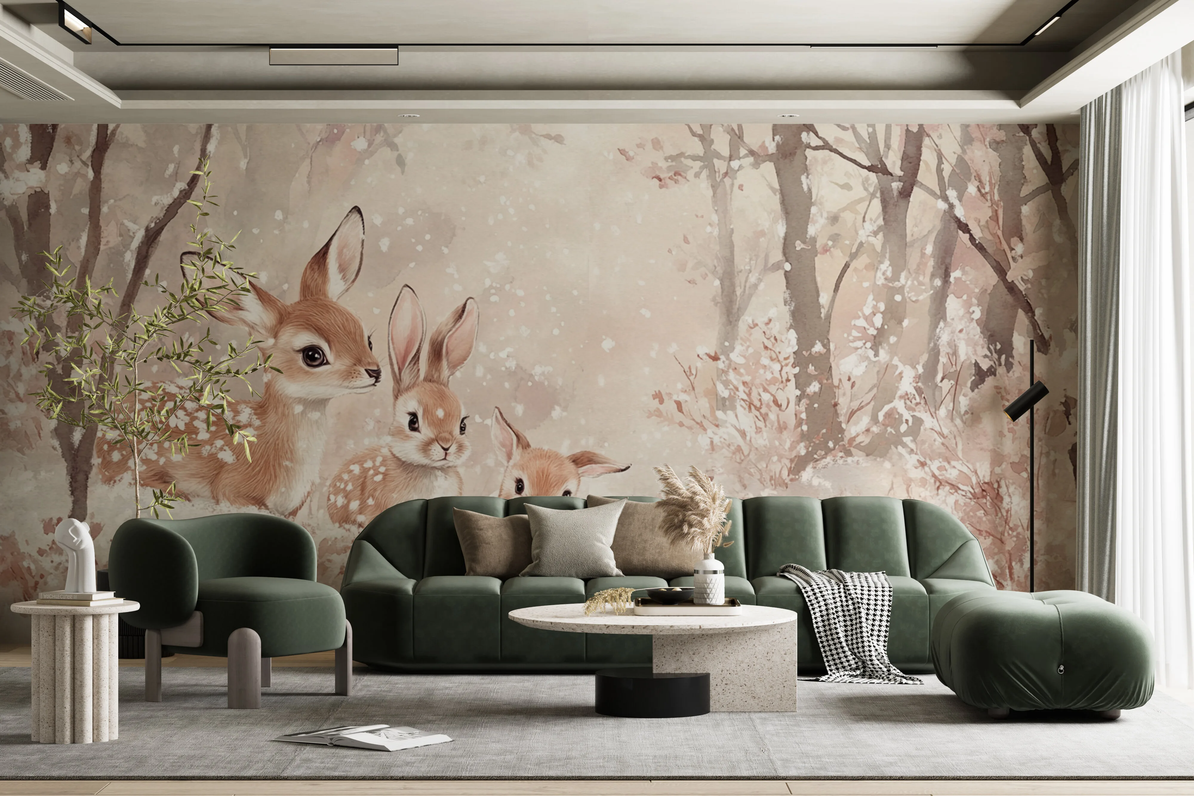 Rendered wallpaper image for Serene Winter Rabbits Wall Mural