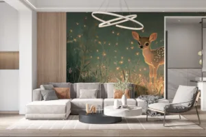 A serene woodland scene featuring a young fawn in a magical forest setting.||